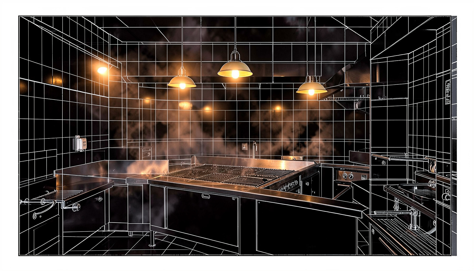 Warm, moody interior of a burger kitchen at dusk, with amber pendant lights glowing over a stainless-steel pass and dark tiles