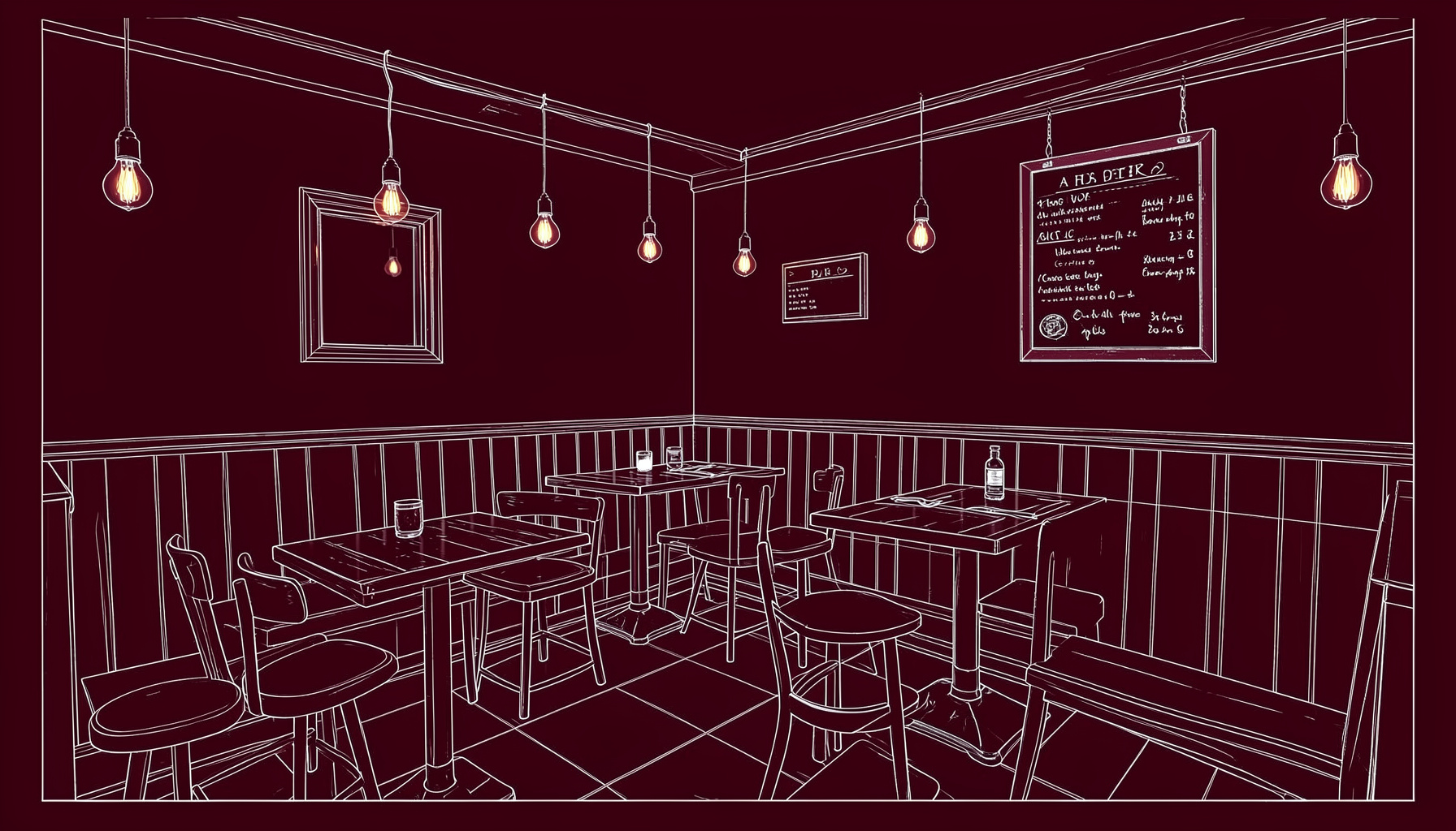 A cosy pub dining room with deep burgundy walls, vintage filament bulbs, dark wood booth seating, and a chalkboard menu