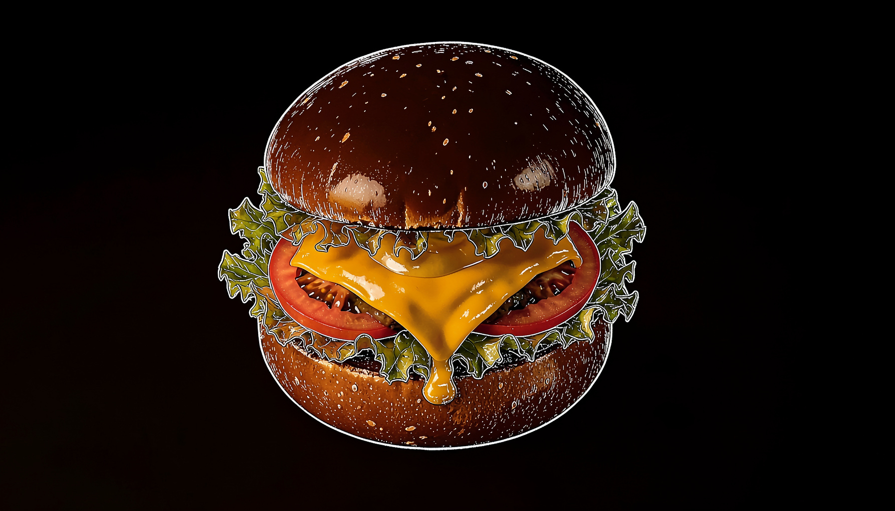 A close-up overhead view of a glossy smashed cheeseburger with melted cheddar dripping over the edges, stacked on a toasted bun.