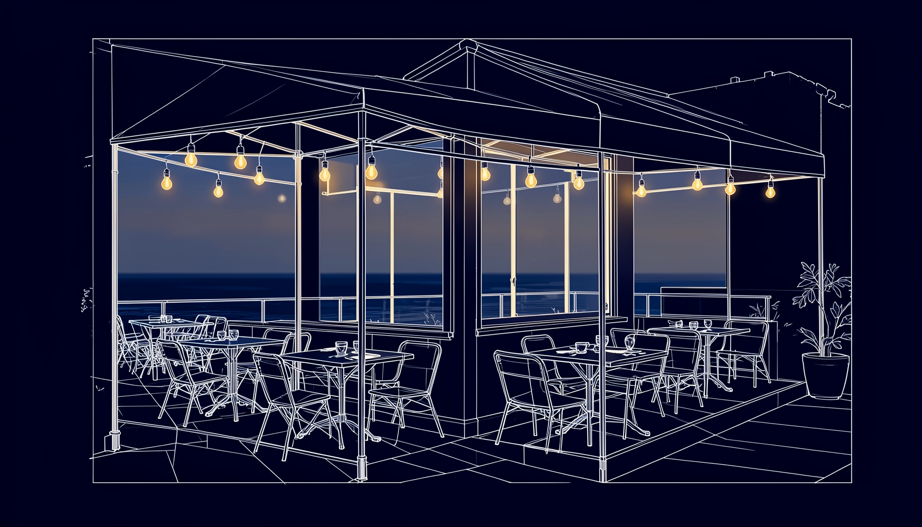 A coastal-facing restaurant front with warm filament bulbs hanging above outdoor tables, deep navy and cream tones