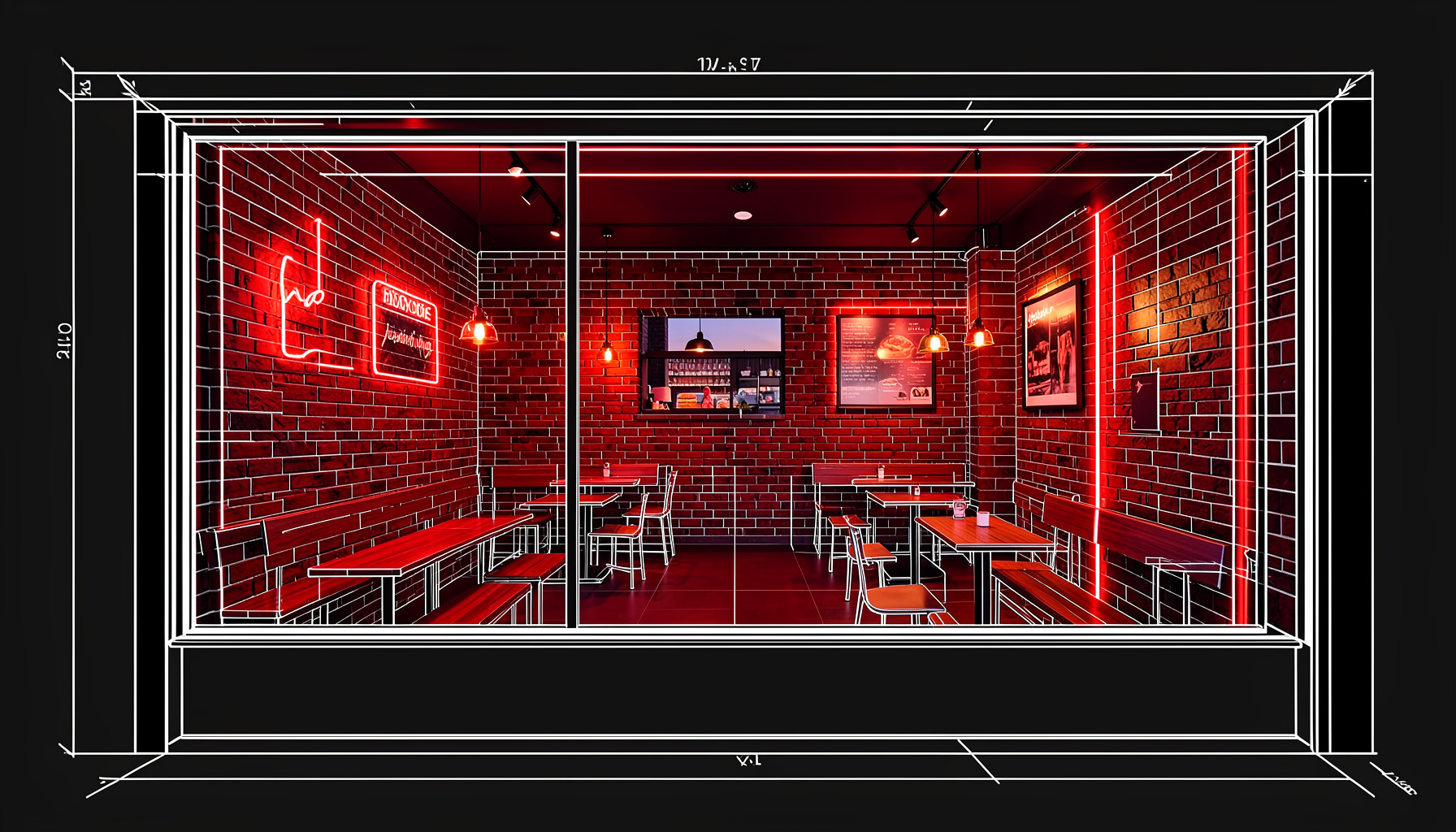A warmly lit burger restaurant interior at dusk, with red neon accents glowing against exposed brick walls and wooden beams