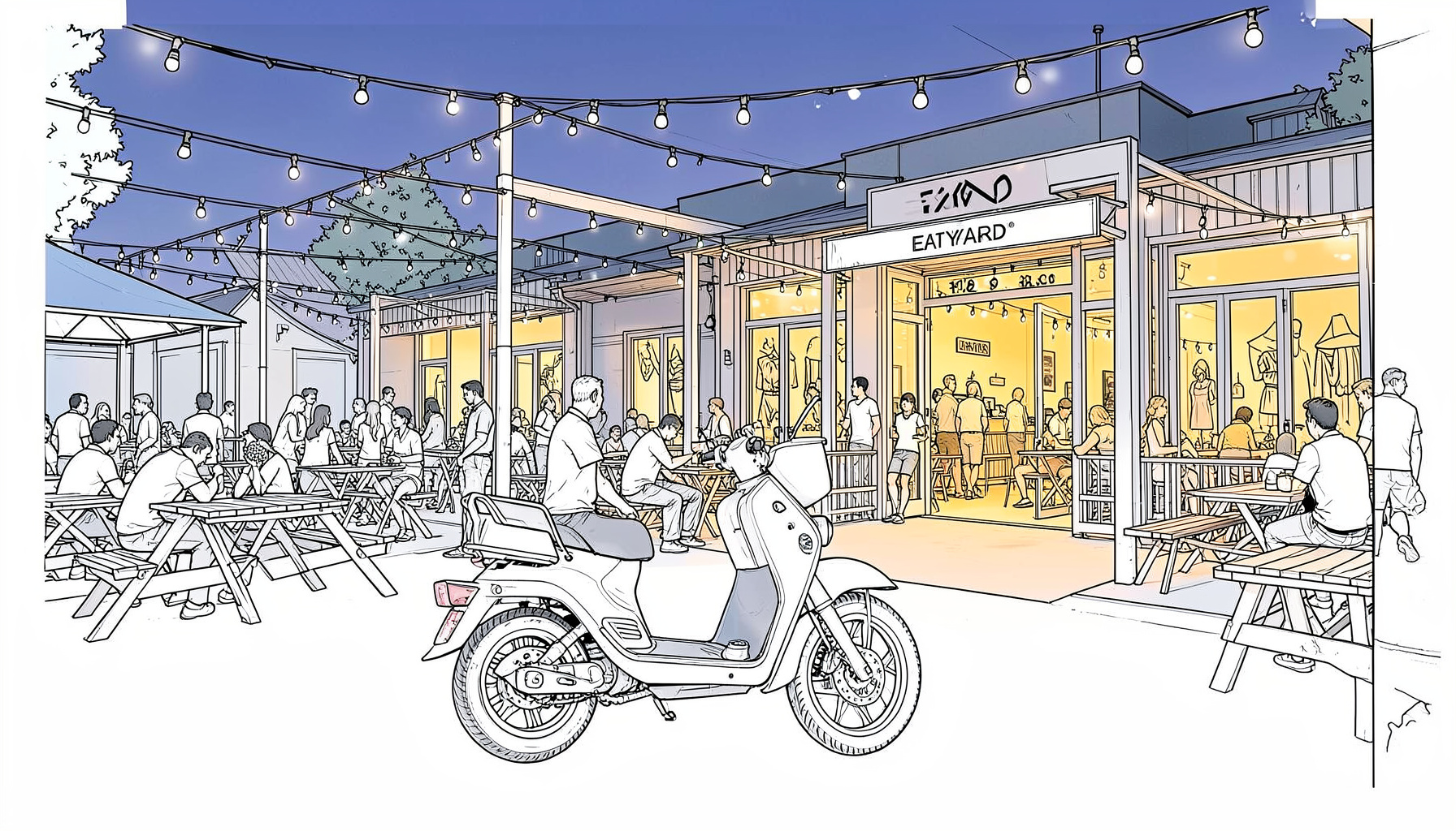 A delivery scooter parked outside a lively urban beer garden with string lights and picnic tables at dusk, warm glow spilling out
