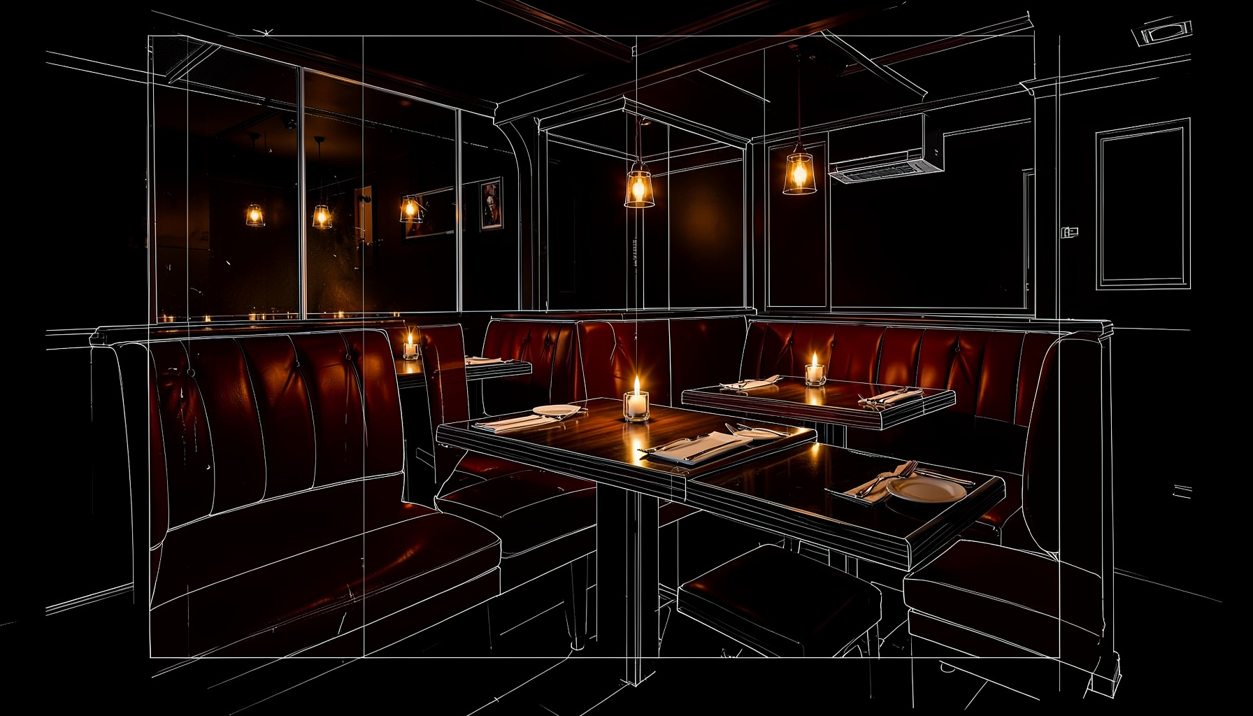 Warm interior of a dimly lit burger restaurant with red leather booths, dark wood tables set with cutlery and glowing candles