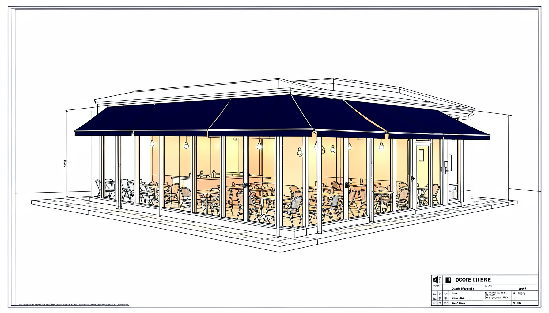 Coastal-facing restaurant frontage with large glass windows, warm interior lighting spilling onto the pavement, and navy tones