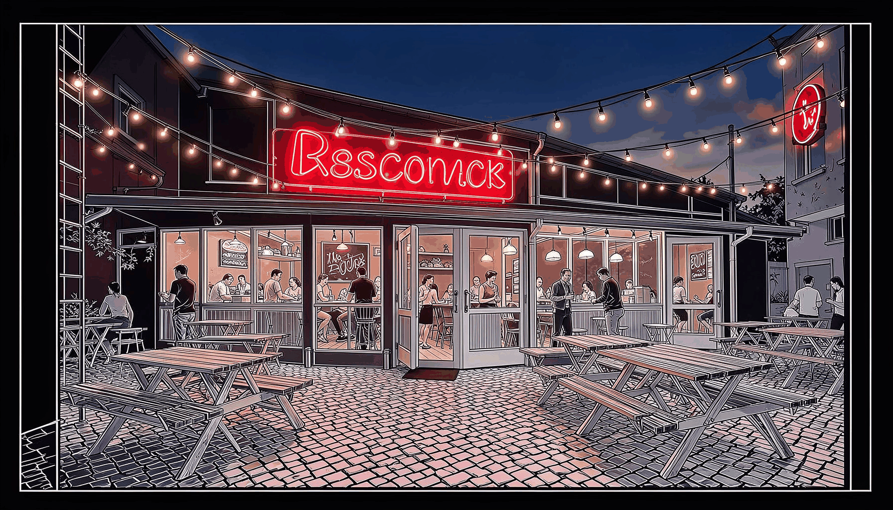 Exterior of a lively burger joint at dusk with warm string lights overhead, red neon signage, and wooden picnic tables outside